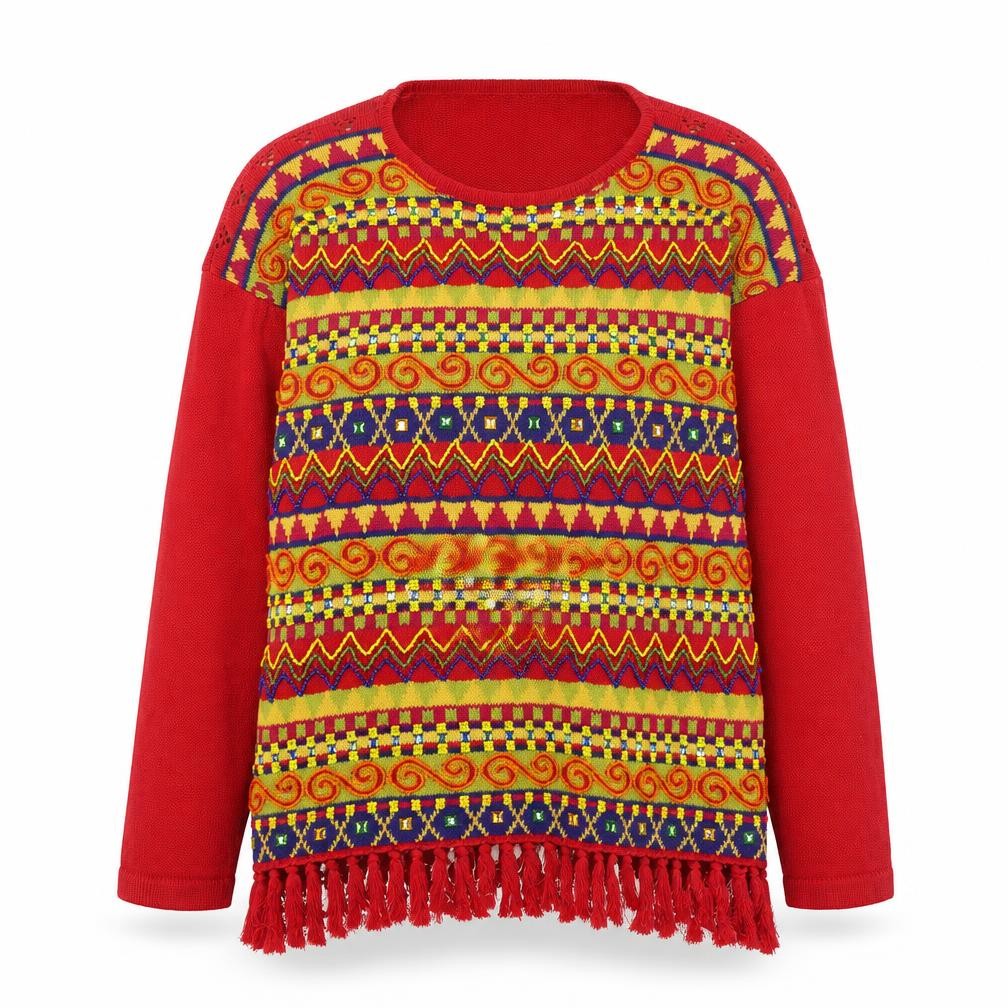 Front view of Cedarwood State women’s red multicoloured knit fringe jumper, size M