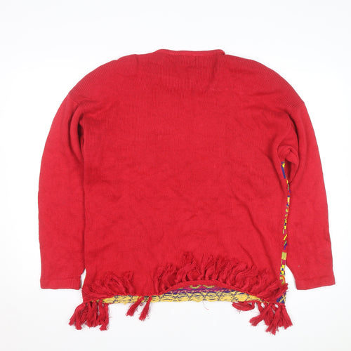 Cedars Womens Red Multicoloured Knit Fringe Jumper Size M