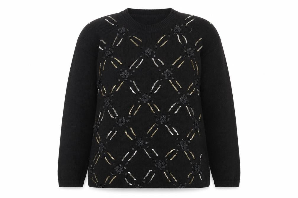 Front view of Bentley women’s black beaded knit jumper, size L