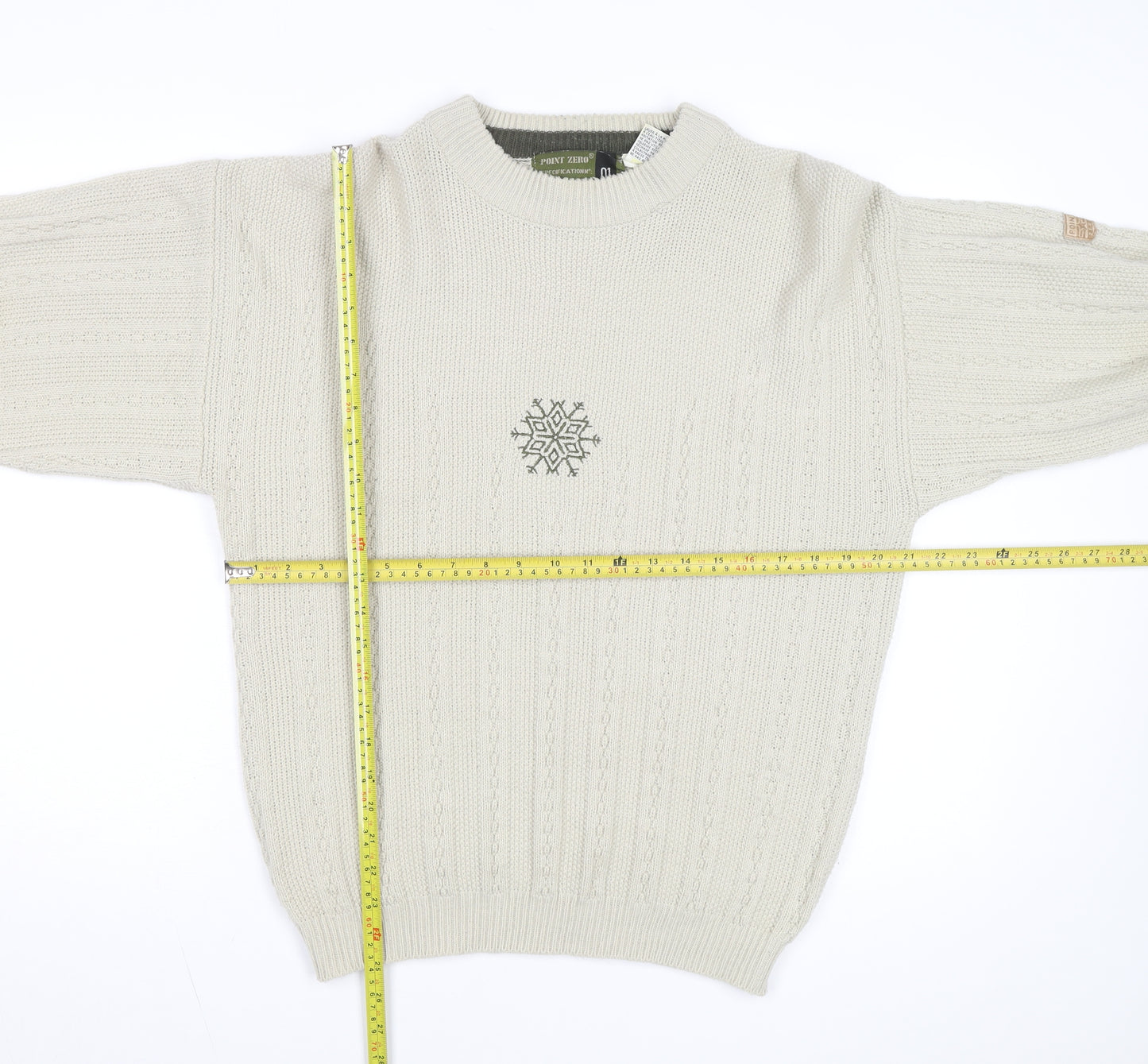 Point Zero Men Beige Crew Neck Cable-Knit Jumper M