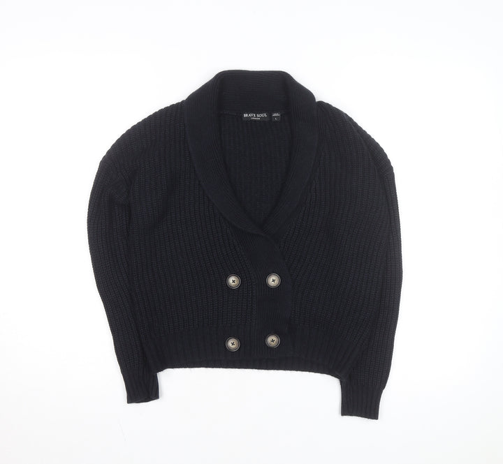 Brave Soul Womens Black Chunky Knit Button Cardigan L