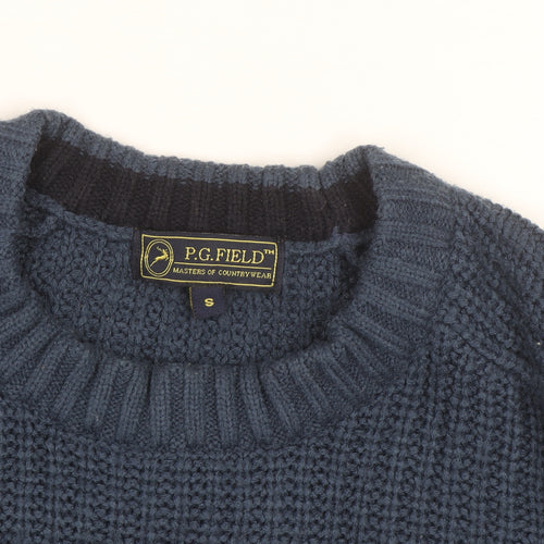 P.G. Field Men's Blue Chunky Knit Acrylic Crew Neck Jumper Size S