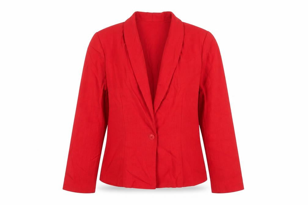 Front view of Bedford Fair Women's Red Blazer L Single-Breasted Classic Jacket