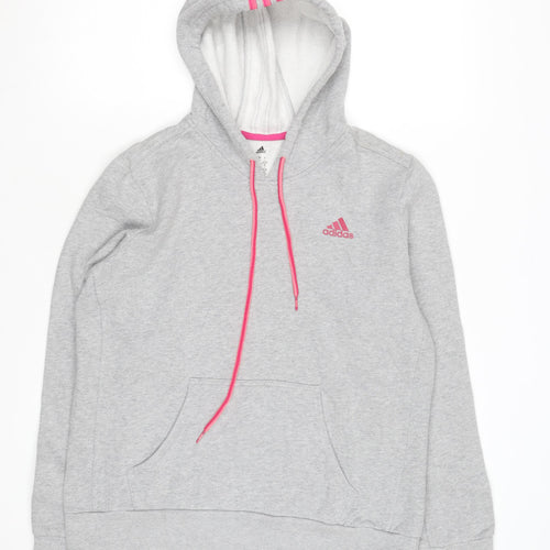 Adidas Womens Grey Hoodie Size L 16-18 Pullover Pink Logo Sportswear