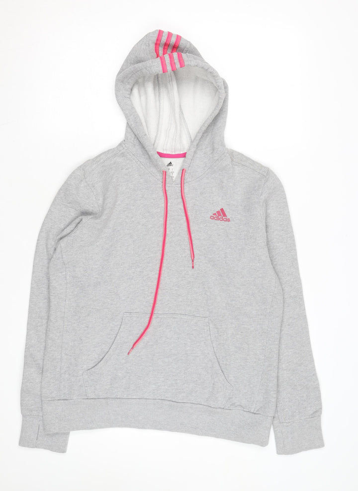 Adidas Womens Grey Hoodie Size L 16-18 Pullover Pink Logo Sportswear