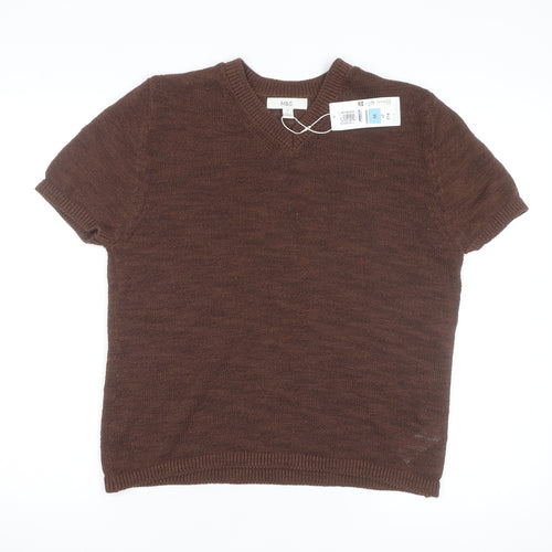 Marks and Spencer Womens Brown Knit V-Neck Short Sleeve Top M