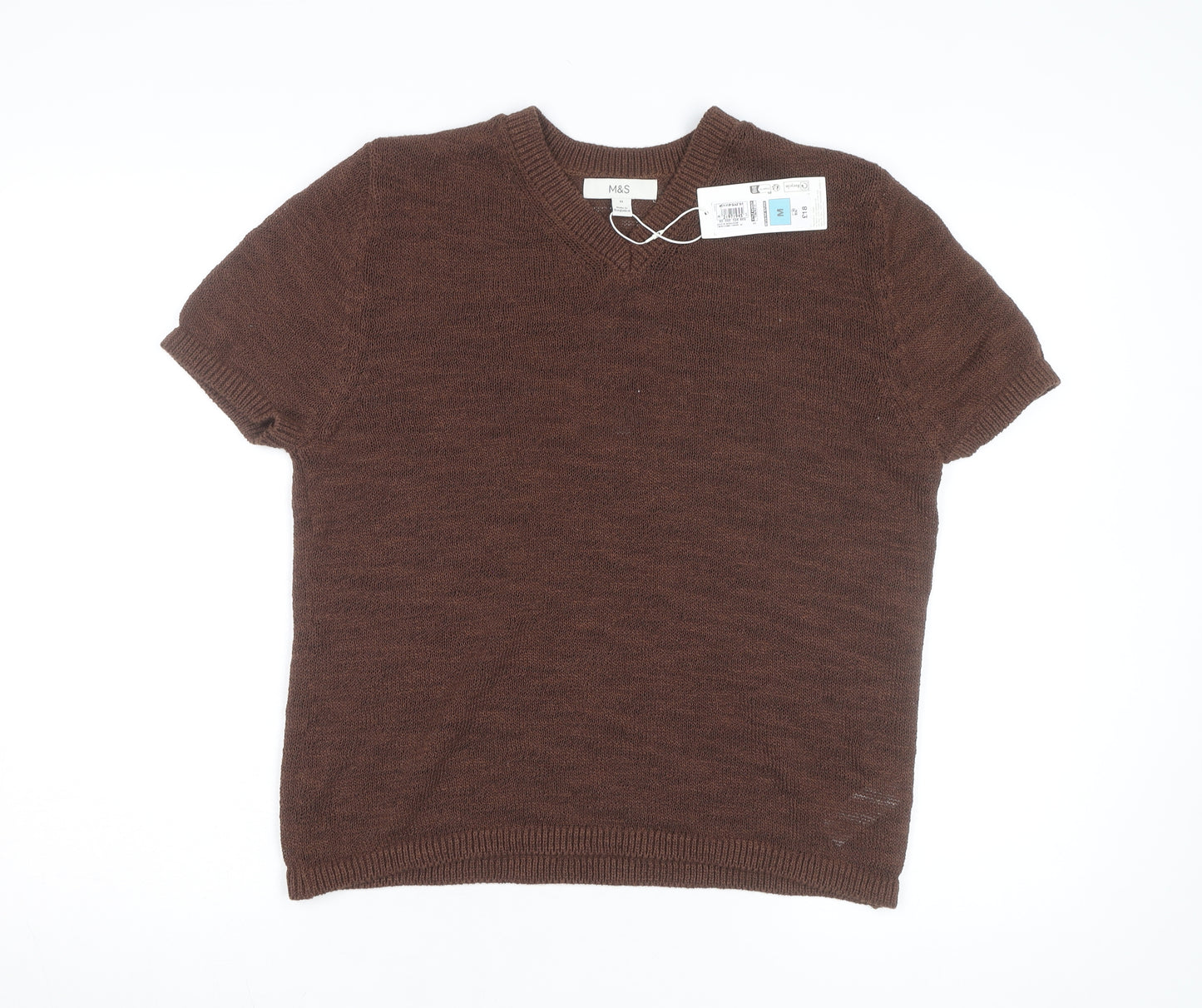 Marks and Spencer Womens Brown Knit V-Neck Short Sleeve Top M