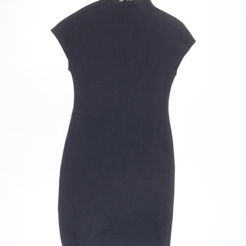 Zara Women Black Bodycon Knit Short Sleeve High Neck Dress S