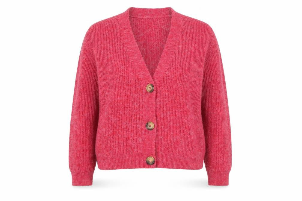 Front view of Sonder Studio Women's Pink Button Cardigan, size 16, Knit Long Sleeve