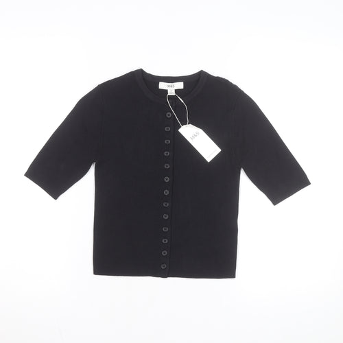 Marks and Spencer Womens Black XS Knit Button-Up 3/4 Sleeve Top