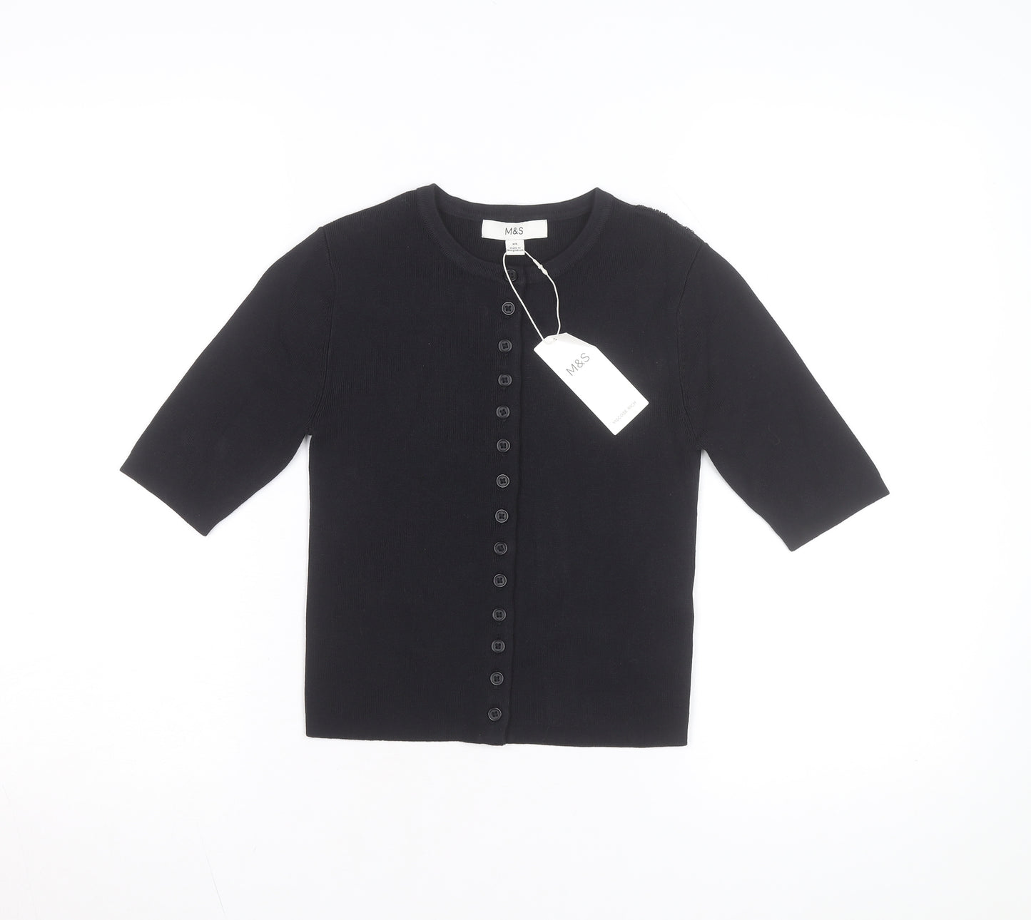 Marks and Spencer Womens Black XS Knit Button-Up 3/4 Sleeve Top