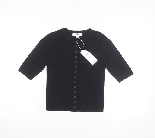 Marks and Spencer Womens Black XS Knit Button-Up 3/4 Sleeve Top