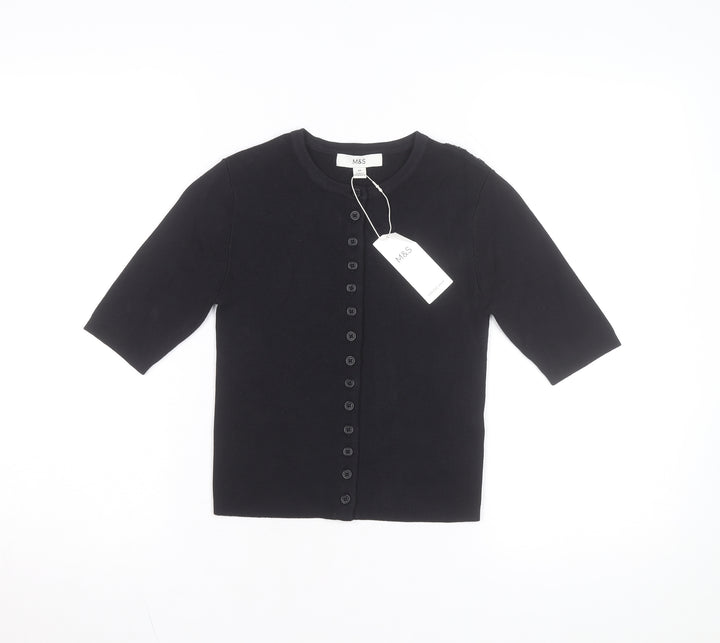 Marks and Spencer Womens Black XS Knit Button-Up 3/4 Sleeve Top