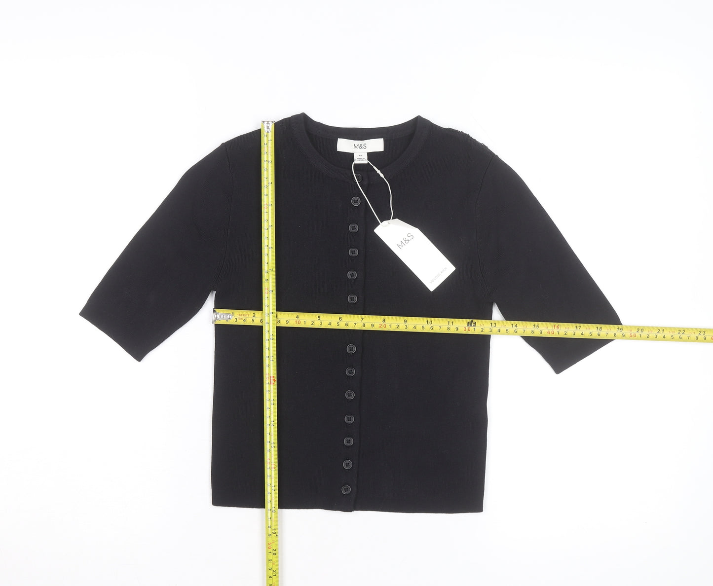 Marks and Spencer Womens Black XS Knit Button-Up 3/4 Sleeve Top