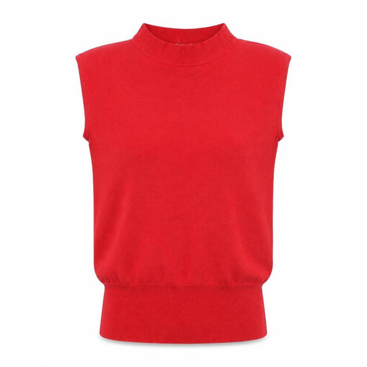 Front view of Michelle Stuart Women's Red Knit Sleeveless Mock Neck Wool Blend Top, size M