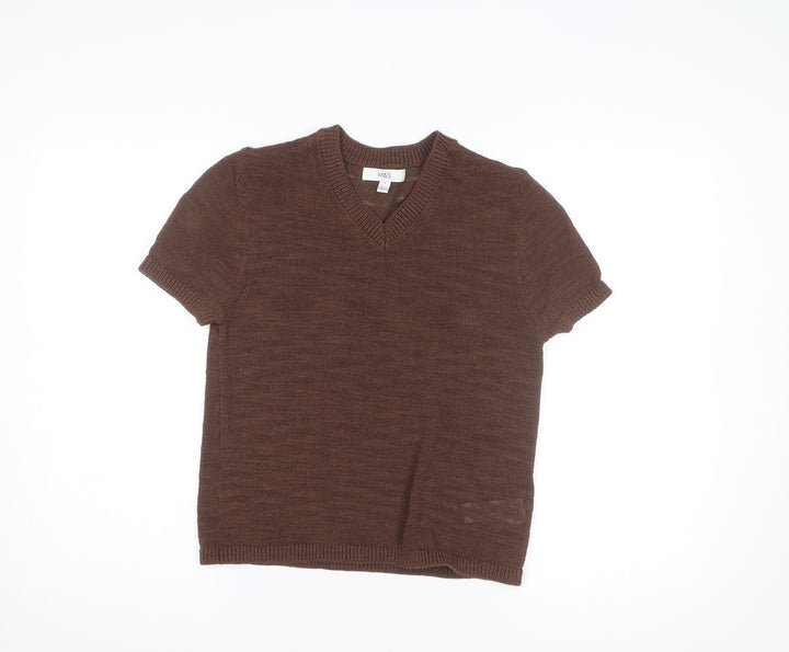 Marks and Spencer Women's Brown V-Neck Knit Short Sleeve Top Size S