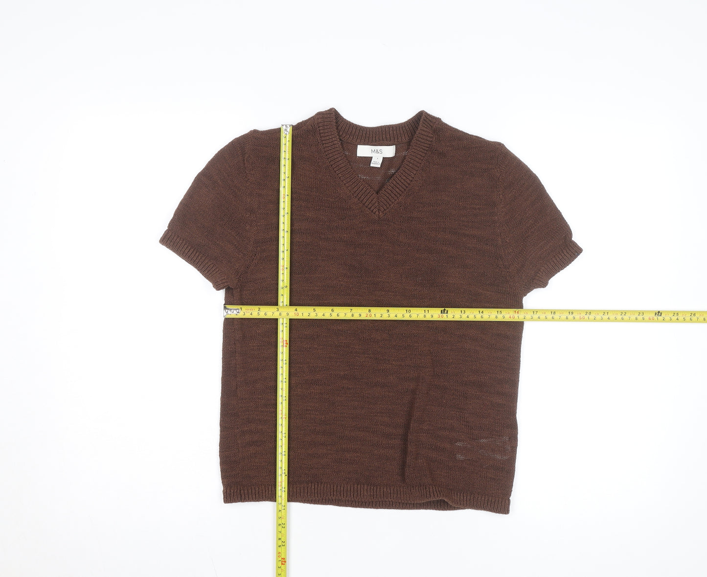 Marks and Spencer Women's Brown V-Neck Knit Short Sleeve Top Size S