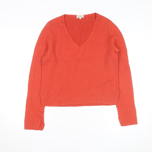Jigsaw Women's Orange V-Neck Ribbed Knit Jumper Size M