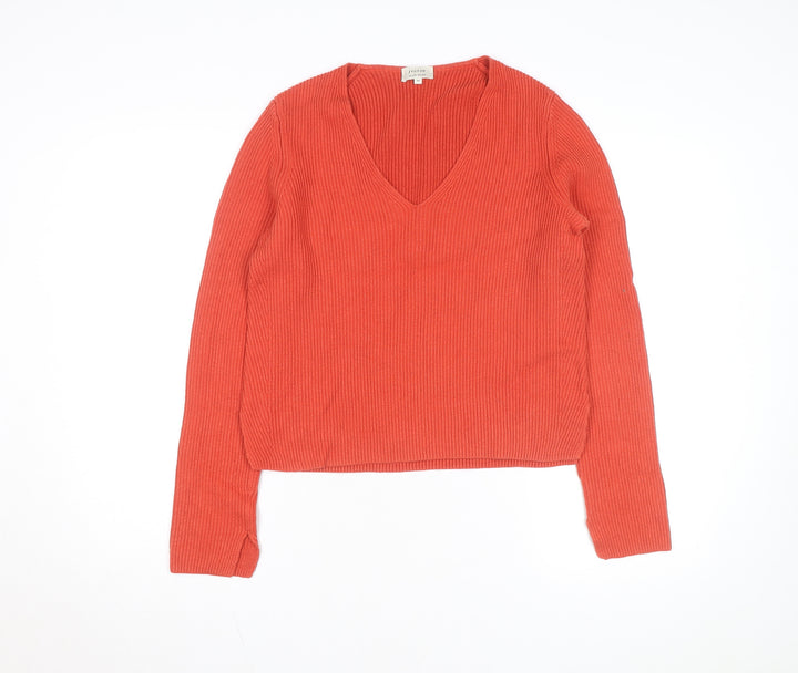 Jigsaw Women's Orange V-Neck Ribbed Knit Jumper Size M