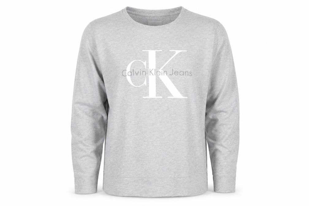 Front view of Calvin Klein Jeans Men's Grey Logo Pullover Sweatshirt, size L