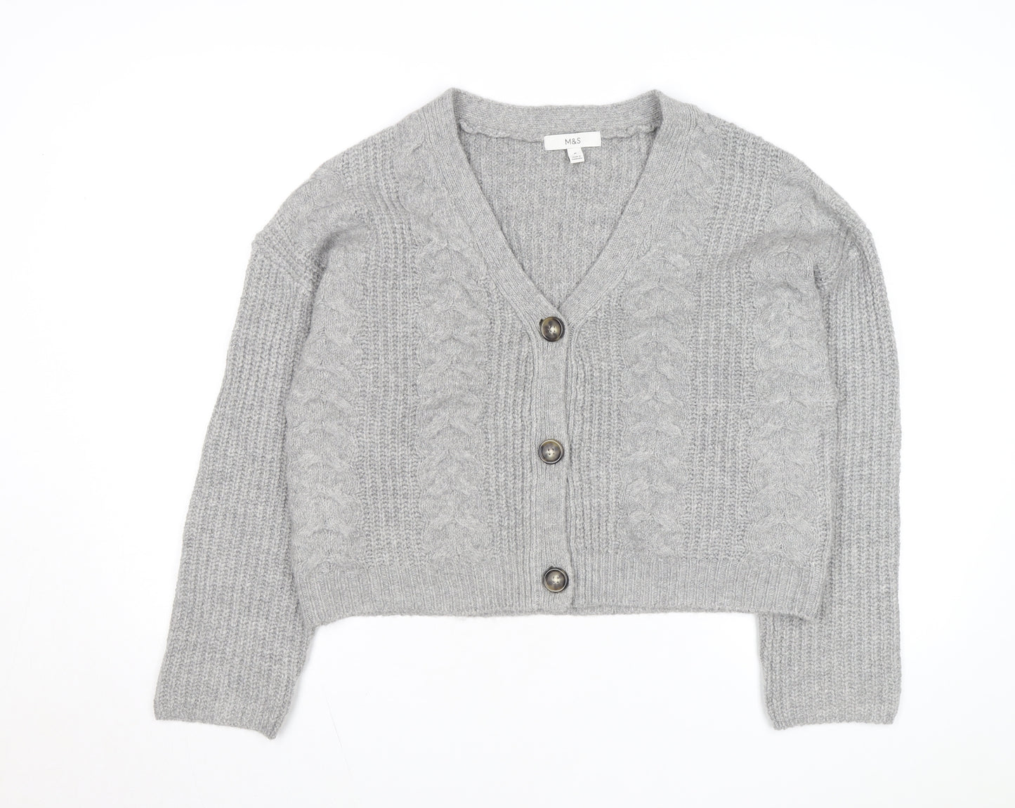 Marks and Spencer Women's Grey Cable Knit V-Neck Cardigan M