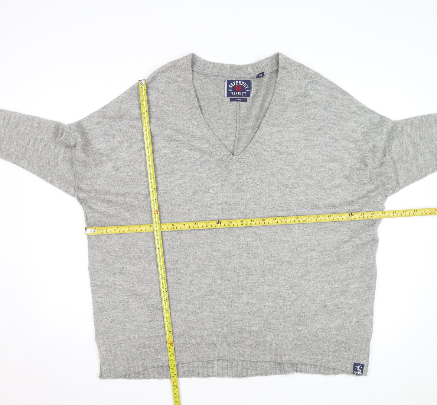 Superdry Women's Grey Wool Blend V-Neck Relaxed Fit Jumper L