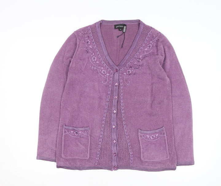 Paramour Women's Purple Embroidered V-Neck Cardigan M