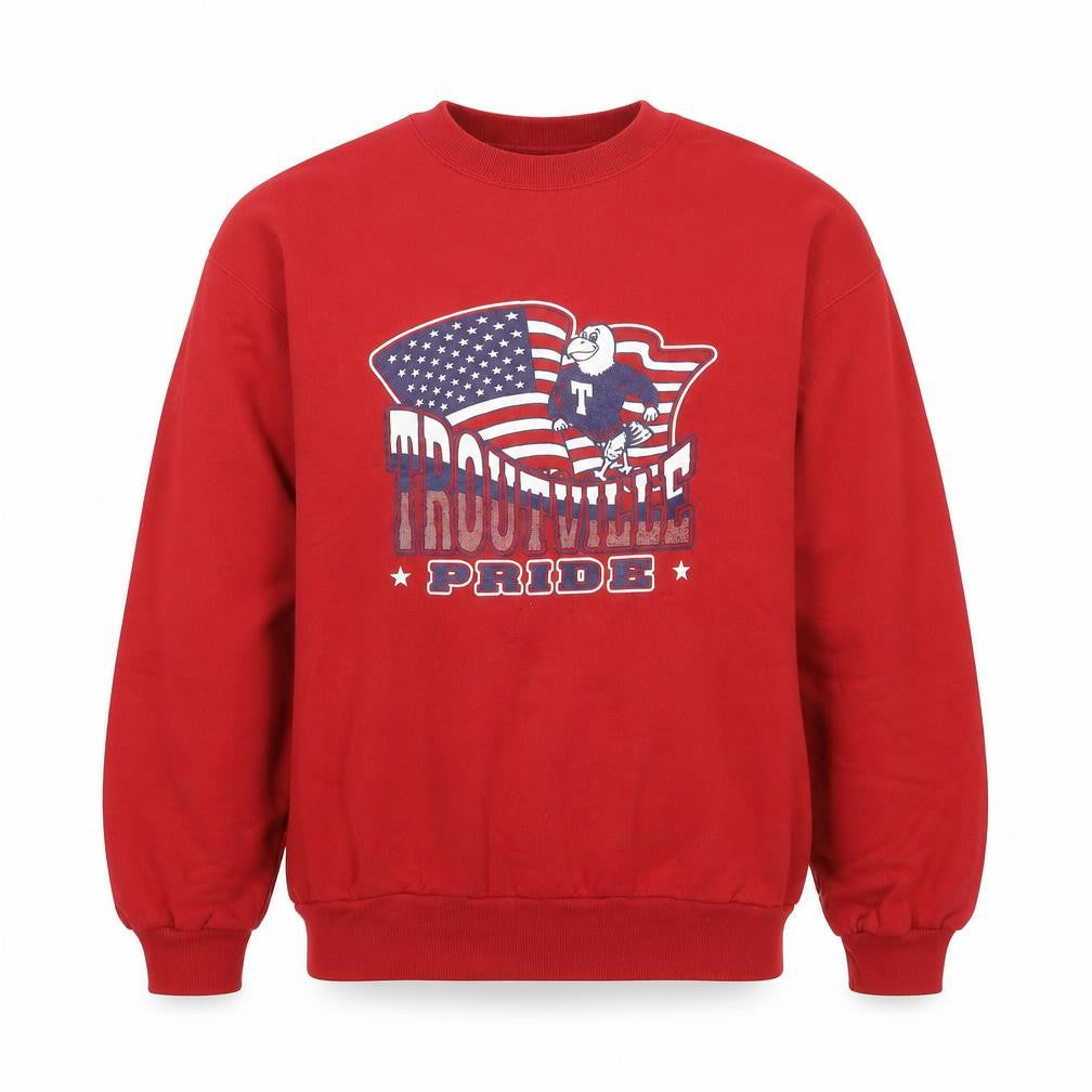 Front view of Jerzees Men's Red 'Troutville Pride' Graphic Sweatshirt L