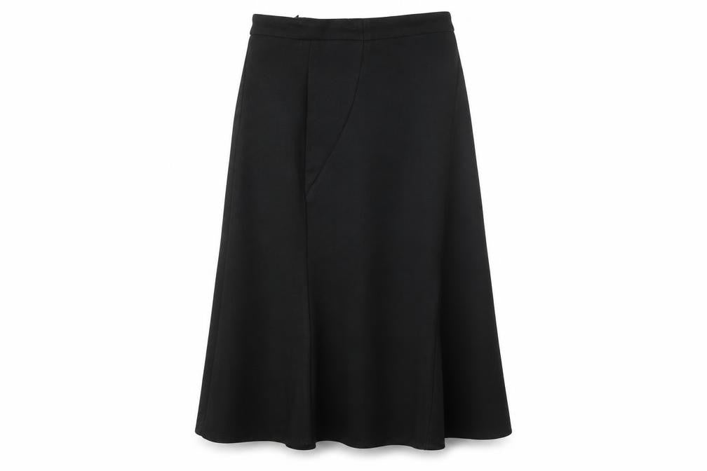 Front view of Showheehee Women’s Black Midi A-Line Work Skirt, size M