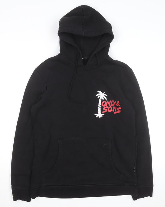 ONLY & SONS Men’s Black Pullover Hoodie Small Graphic Print Fleece