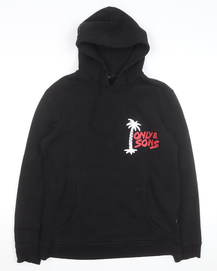 ONLY & SONS Men’s Black Pullover Hoodie Small Graphic Print Fleece