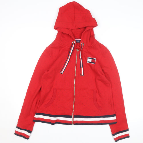 Tommy Hilfiger Girls Red Full Zip Hoodie L Logo Detail Cotton Blend