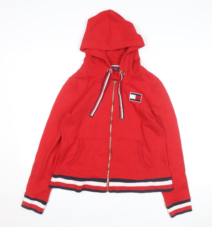 Tommy Hilfiger Girls Red Full Zip Hoodie L Logo Detail Cotton Blend