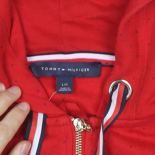 Tommy Hilfiger Girls Red Full Zip Hoodie L Logo Detail Cotton Blend