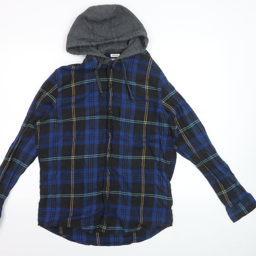 American Eagle Outfitters Men's Blue Plaid Flannel Hooded Button-Up Shirt M