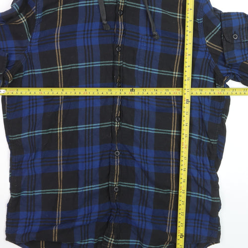 American Eagle Outfitters Men's Blue Plaid Flannel Hooded Button-Up Shirt M