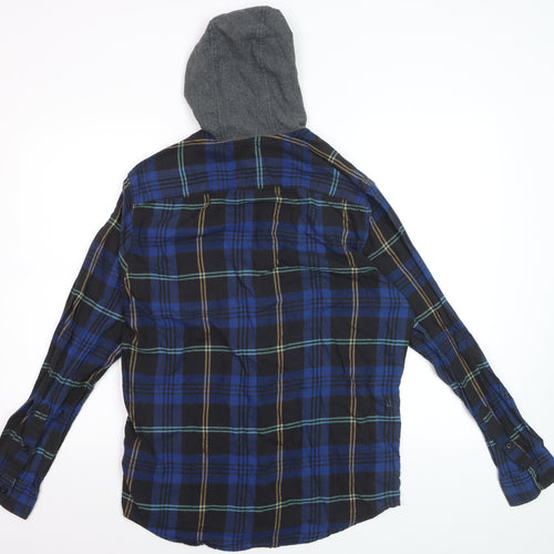 American Eagle Outfitters Men's Blue Plaid Flannel Hooded Button-Up Shirt M