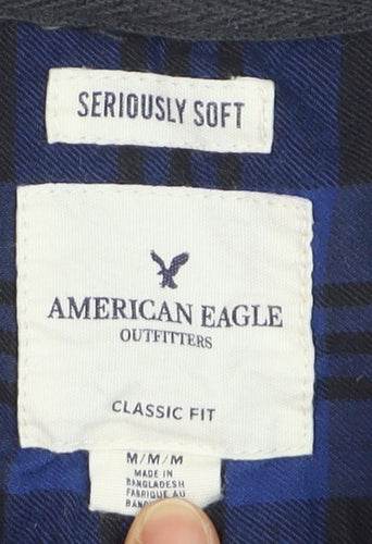 American Eagle Outfitters Men's Blue Plaid Flannel Hooded Button-Up Shirt M