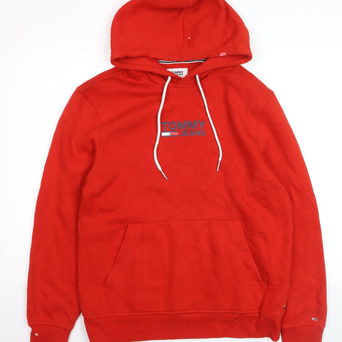 Tommy Jeans Men's Red Pullover Hoodie M Logo Graphic Cotton Blend