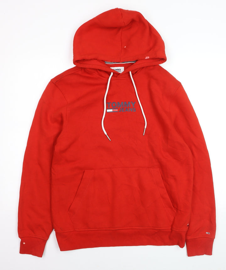Tommy Jeans Men's Red Pullover Hoodie M Logo Graphic Cotton Blend
