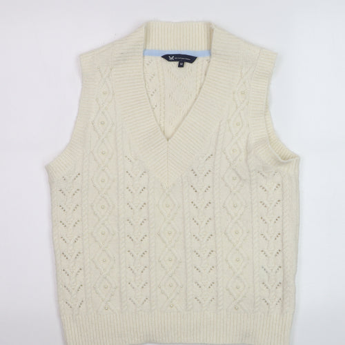 Crew Clothing Women’s Ivory Cable-Knit Sleeveless V-Neck Jumper Vest Size 12