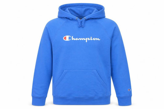 Front view of Champion Men's Blue Pullover Hoodie Small Logo Athletic Sweatshirt