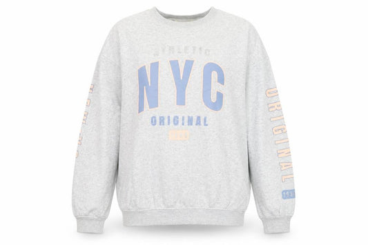 Front view of H&M women’s grey long sleeve crew neck nyc graphic sweatshirt size 14y+