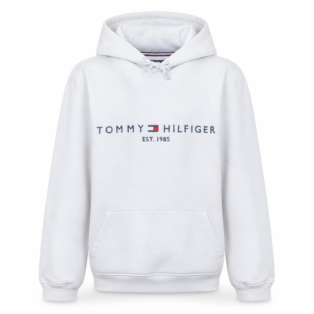 Front view of Tommy Hilfiger Men's White M Pullover Hoodie Classic Logo