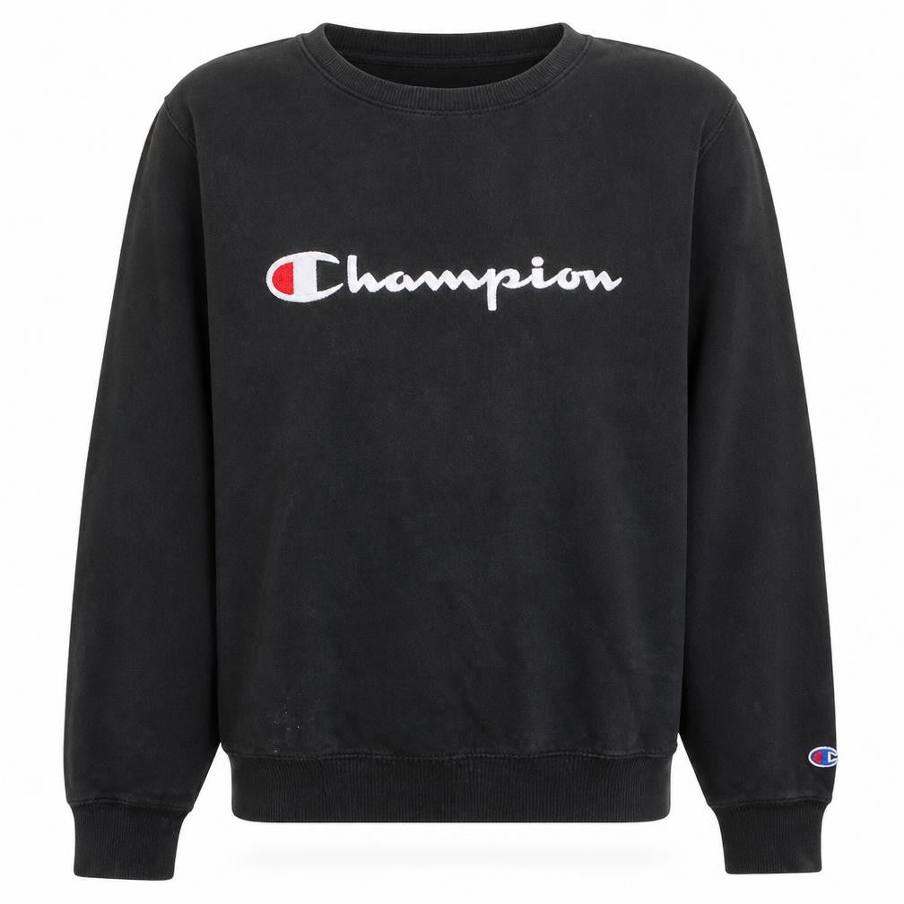 Front view of Champion Men's Black Pullover Sweatshirt M Crew Neck Logo Fleece