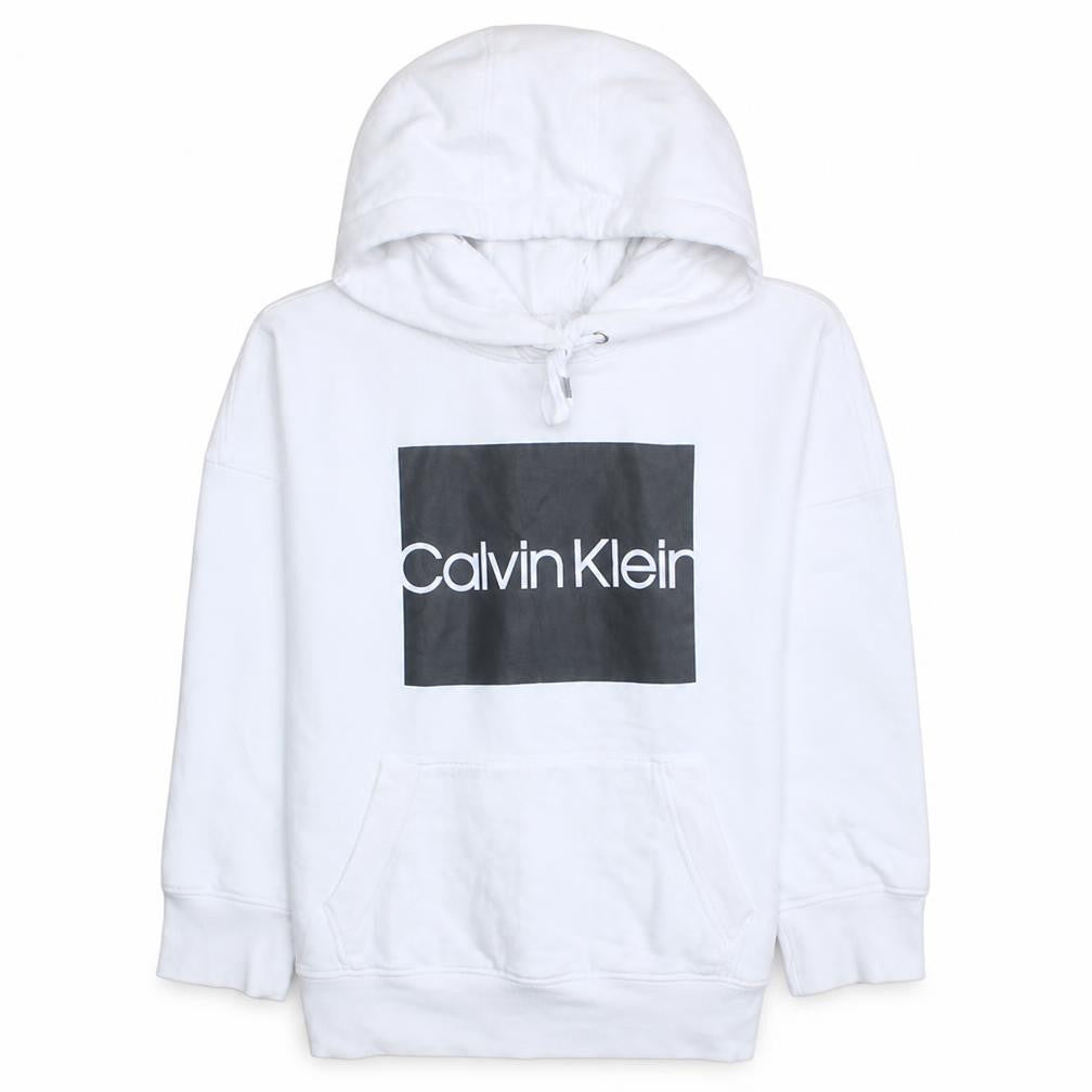 Front view of Calvin Klein Men's White Pullover Hoodie M Logo Fleece Sweatshirt