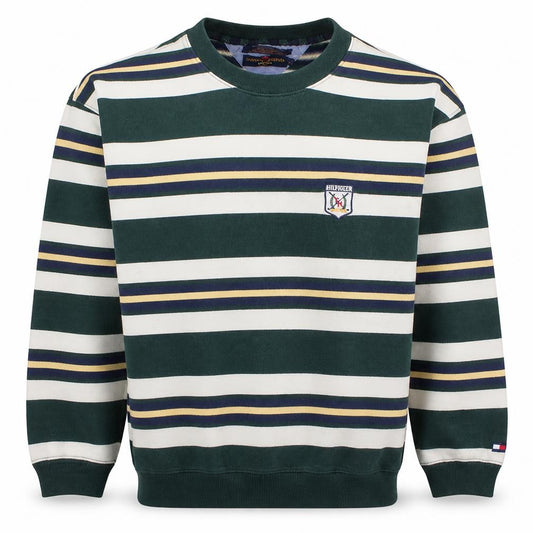 Front view of Tommy Hilfiger Men's Green Striped Crew Neck Sweatshirt M Classic Retro
