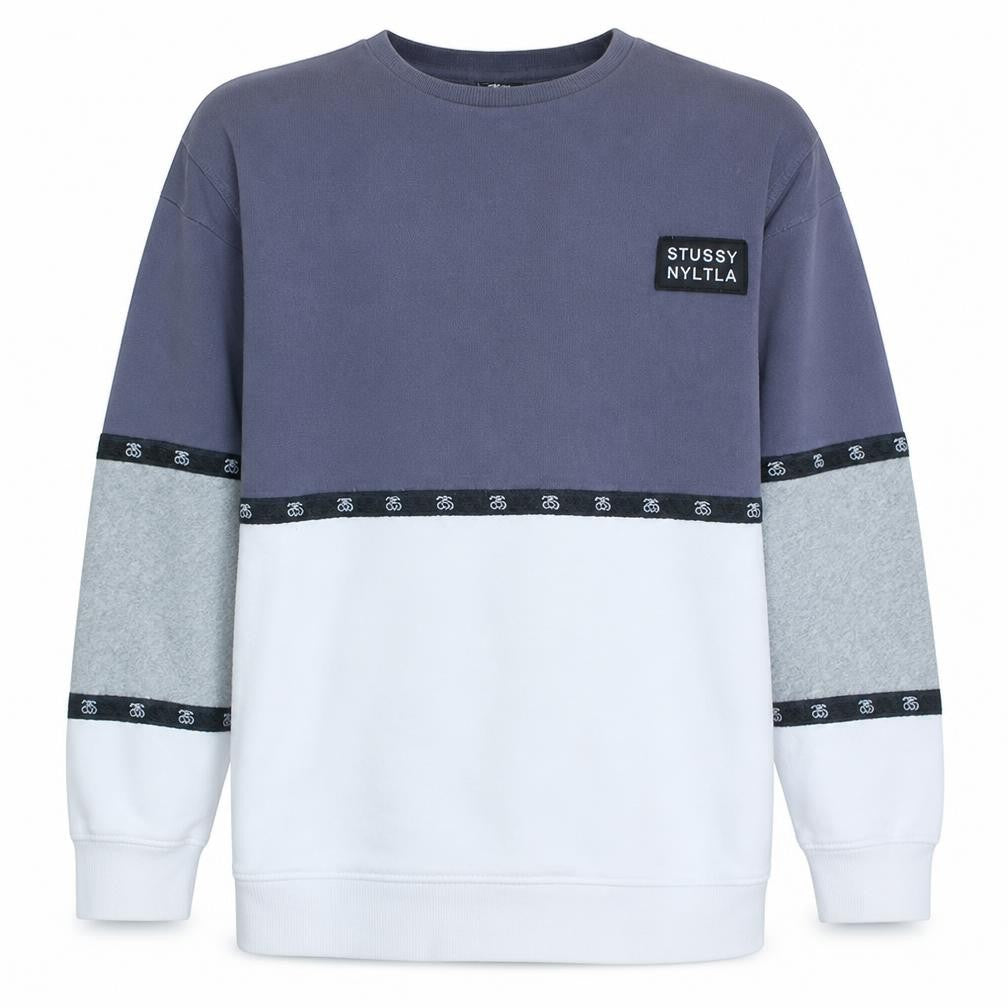 Front view of Stussy men’s multicoloured crew neck pullover sweatshirt, size S
