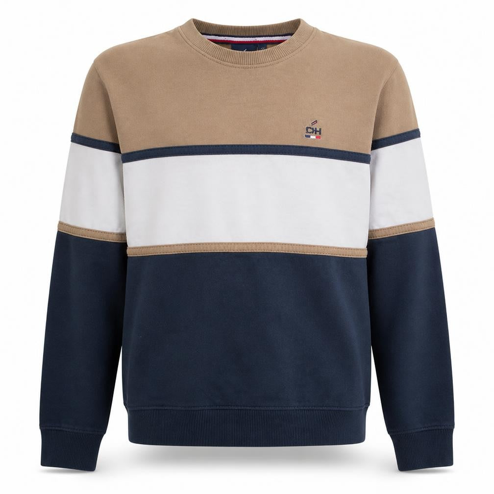Front view of Daniel Hechter men’s beige blue crew neck sweatshirt m cotton blend