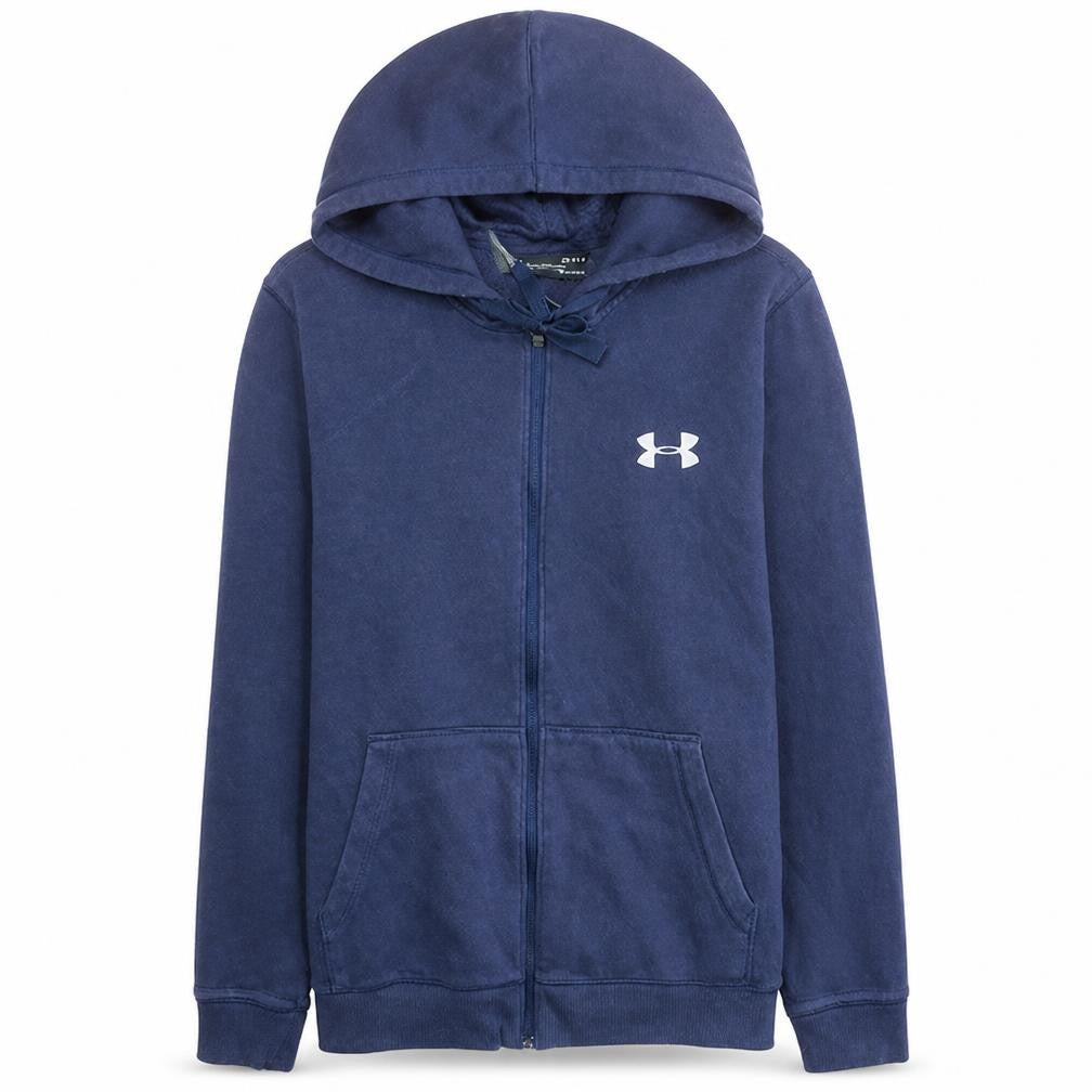 Front view of Under Armour men’s blue full zip athletic hoodie l